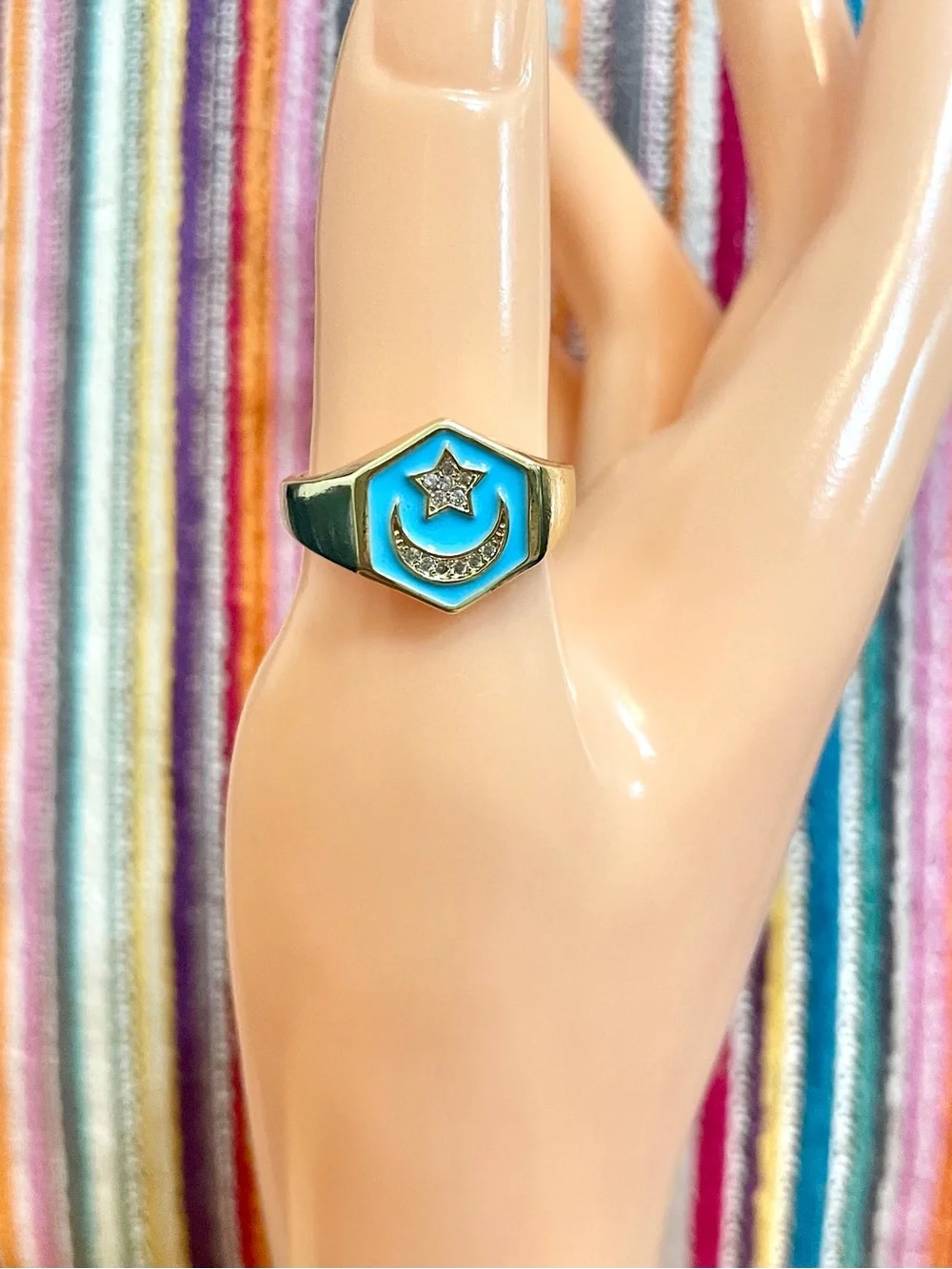 Turquoise Enamel and CZ Moon and Star Gold Filled Adjustable Ring NWOT